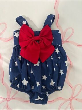 Navy Star Print Baby One-Piece with Red Bow